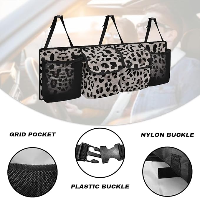 SEANATIVE Black Leopard Print Car Trunk Organizer, Hanging Trunk Organizer for SUV, Backseat Car Organizer with 4 Large Compartments, Car Accessories Interior, Space Saving Expert
