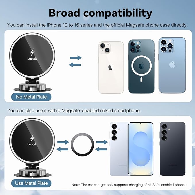 Lecork for Magsafe Car Mount Charger, 15W Magnetic Wireles Car Charger for iPhone 12 13 14 15 16 Series, Stick On Dashboard Phone Holder Mount for Samsung S25 Series, Zinc Alloy Shell, Black