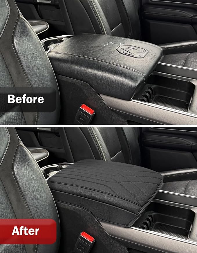 KBH Center Console Armrest Cover for 2019-2026 Dodge Ram 1500 2500 3500 5th Gen, Arm Rest Cushion Pad Protector, Vinyl Leather, Black (Fits Bucket Seat Only)