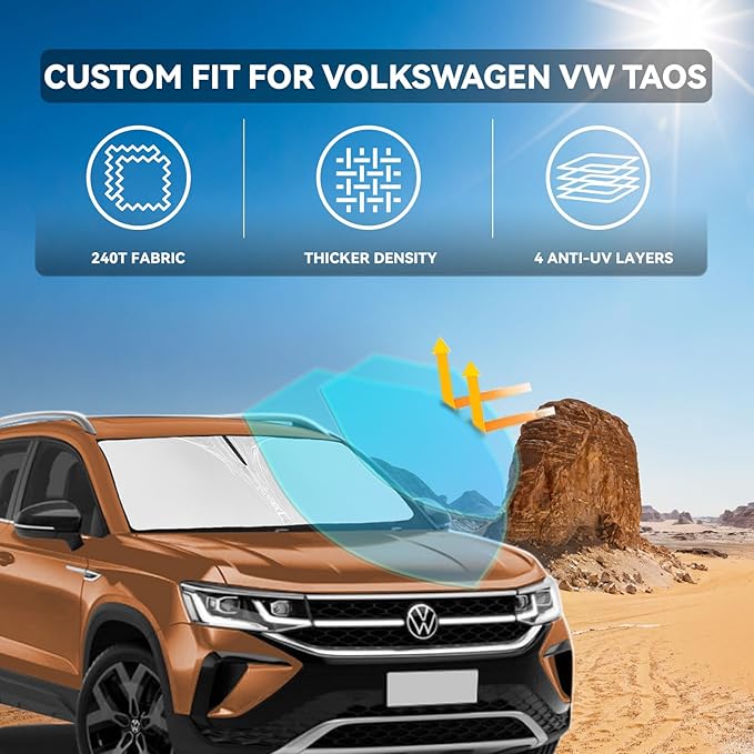 for Volkswagen VW Taos 2022-2025 2026 Windshield Sun Shade - 4 Layers Car Sunshades for Front Windows Shade Cover Custom Fit VW Taos Sun Visor 240T Retractable Shade Blocks UV Rays Car Accessories