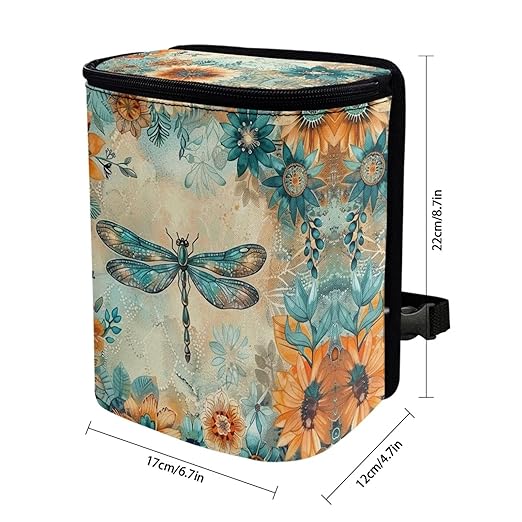 DISNIMO Floral Dragonfly Car Trash Can for Car Cute, Car Trash Bag Bin Hanging Foldable Automotive Car Garbage Cans Leak Proof Vehicle Trash Can Black