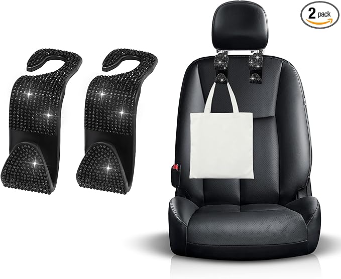 2 PCS Bling Car Seat Headrest Hooks, Crystal Rhinestone Back Seat Hanging Storage Organizer, Vehicle Seat Hanger Holder for Purse Handbag Coat, Interior Car Accessories (Black)