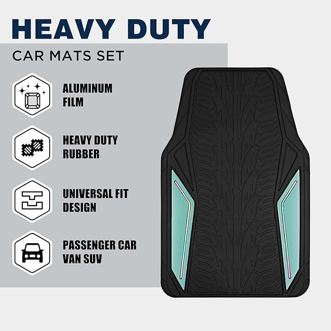 PIC AUTO Rubber Floor Mats, Mint Aluminum Film with Colorful Piping Floor Mats for Cars, Car Mats with Non-Slip Backing, All-Weather Protection, Trim-to-Fit Liner for Cars, SUVs, Trucks, Vehicles