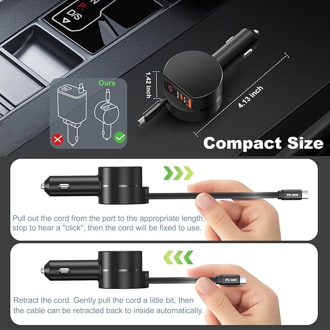 78W Retractable USB C Car Charger, OKRAY 3-Port 12v Cigarette Lighter Car Adapter with Type C PD30W Fast Charging Cord+Coiled USB C Cable for iPhone 17 Air 16 15 14 Pro Max, Samsung Galaxy S25 S24 A16