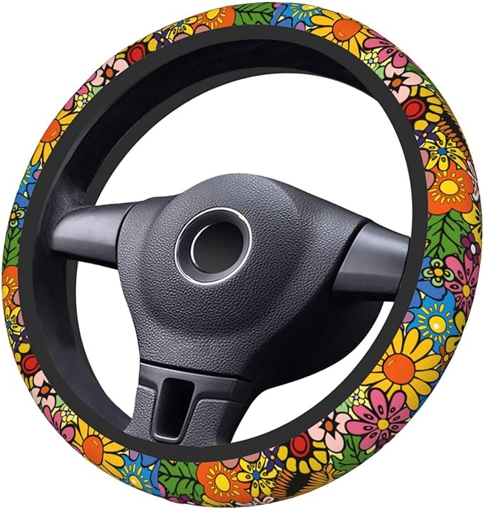 Hippie Flower Neoprene Steering Wheel Cover for Men Women Anti-Slip Elastic Steering Wheel Protective Cover 15in Universal Car Accessories Fit Cars, SUVs, Auto