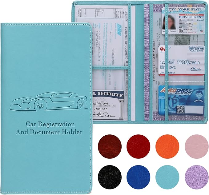 Peisicne Car Registration and Insurance Card Holder for Women Men, Blue Glove Box Paperwork Organizer with Magnetic Buckle for Easy Access and Protect Documents and Various Cards in Vehicle