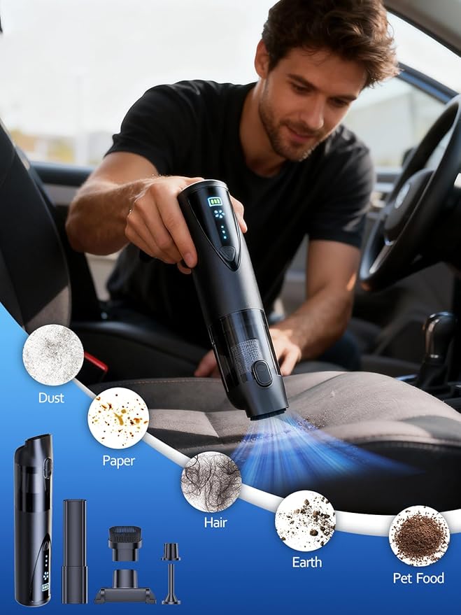 Car Vacuum Portable Cordless, 20000pa 4-in-1mini Handheld Vacuum Cleaner up to 70 Mins Runtime, 3 Suction Modes & USB-C Fast Charge Wet/Dry Hand Held Cleaner Power for Car Home Pet Food Keyboards