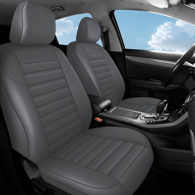 crossmiles Faux Leather Car Seat Covers Full Set, Foam Seat Cover for Car, Universal Car Seat Protector with Waterproof and Breath Fit for Cars, Trucks, SUV, Vans(Grey Striped)