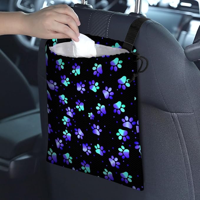 GEGEPINK Car Trash Bag Hanging Back of Seat Waterproof Small Cute Printed One-handed Strap Drawstring Garbage Bags for Car-Paw Print