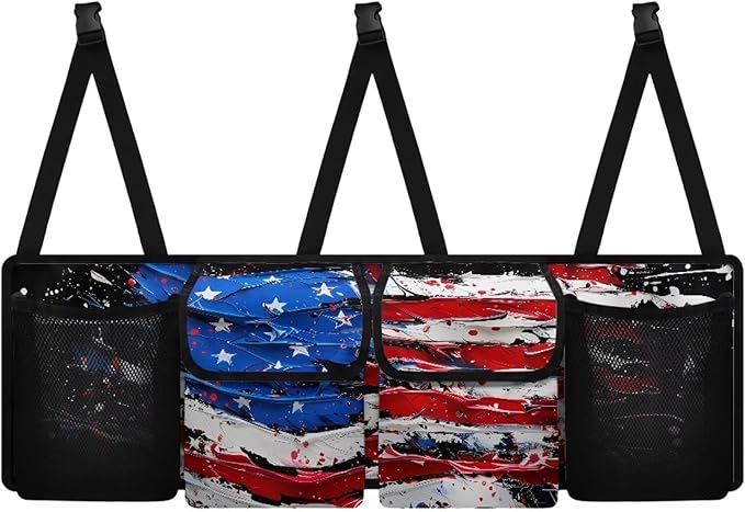 American Flag Print Car Trunk Organizer and Storage, Backseat Hanging Organizer for SUV, Truck, Collapsible Cargo Storage Bag with 4 Pockets, Car Interior Accessories for Men and Women