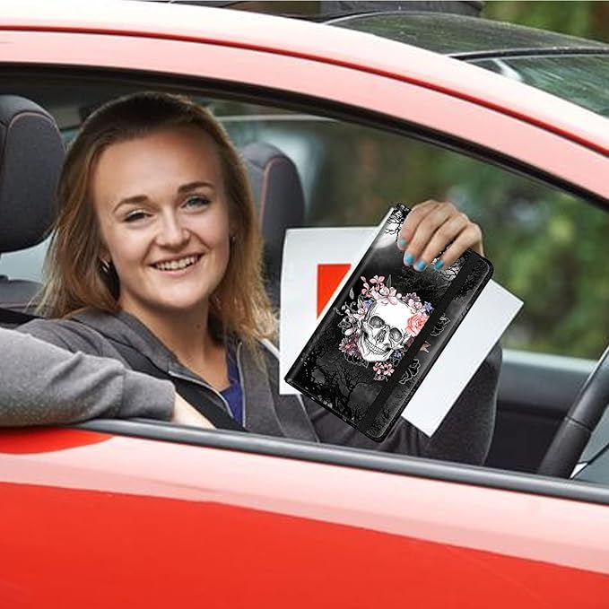 Mxfdegf Car Registration and Insurance Holder, Leather Car Glove Box Organizer, Cool Car Accessories for ID, Driver's License Cards & Essential Document, business cards, Men&Women,Skull Flower