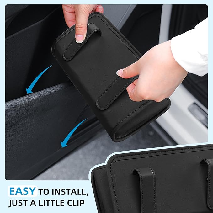 Car Trash Can, Leather Car Trash Bin Door Organizer with a Roll of Garbage Bag, Foldable Hanging Mini Cars Storage Must Have Essentials Interior Accessories(Black)