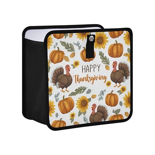 Car Trash Can Organizer Bin with Adjustable Strap for Back Front Seat Console Waterproof Leakproof Collapsible Portable 11 Inch Thanksgiving Turkeys Sunflowers White