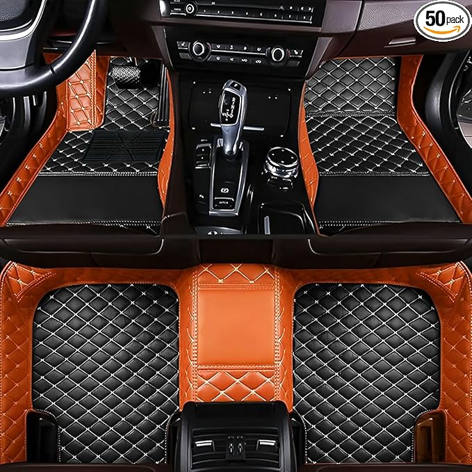 Custom Personalized Floor Mats for Cars，Luxury Full Coverage All Car Floor Mats，Anti-Slip Leather Car Mat Set ，Custom Floor Mats for 99% of Cars, Trucks & SUVs. (Orange and Black)