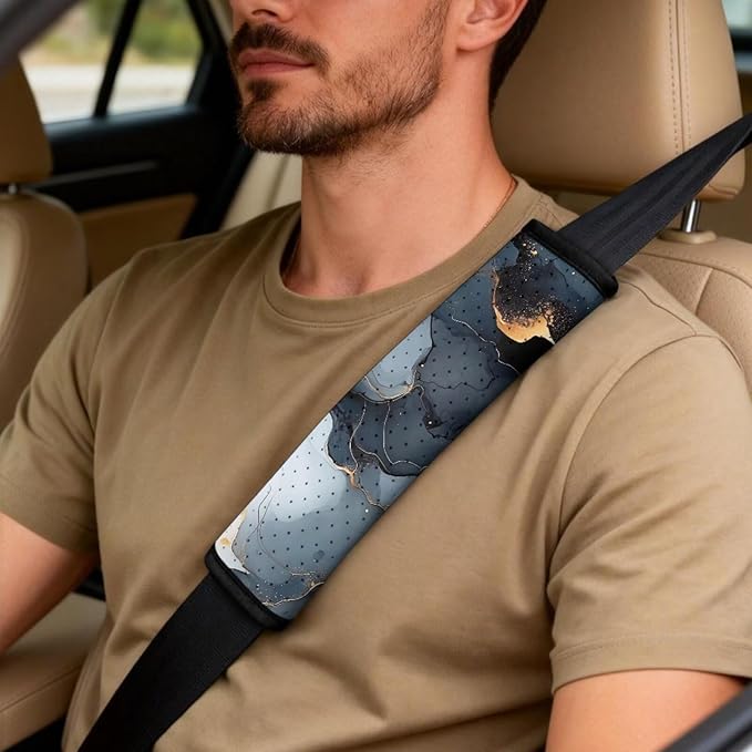 Qeluxign Marble Air Mesh Car Seat Covers & Accessories 5-Piece Set 2 Seat Covers, 2 Shoulder Belt Pads, 1 Console Pad PU Leather Car Interior Set for Women