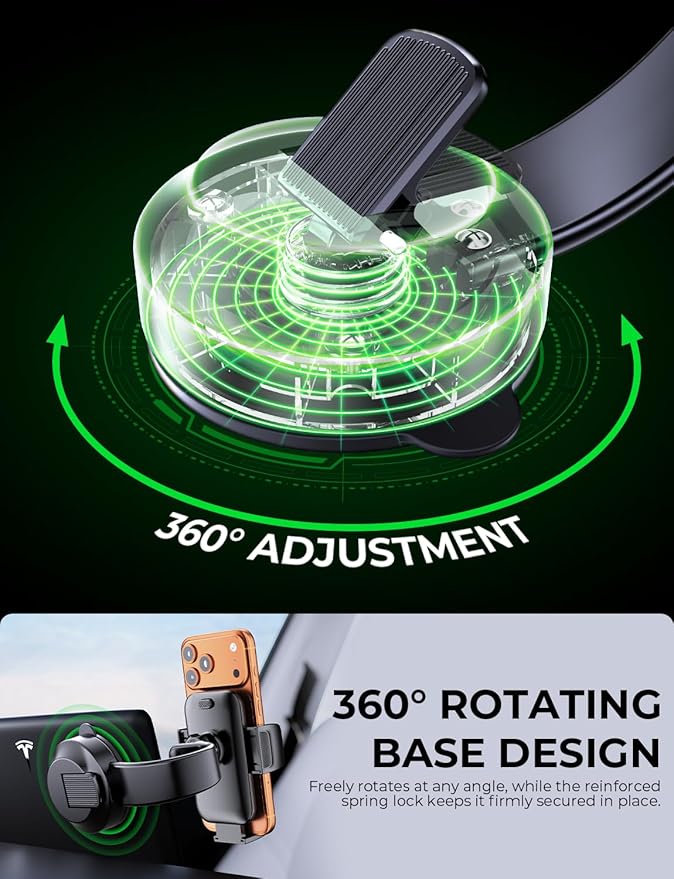 YYBS Car Dashboard Phone Holder for Windshield - Tesla Touch Screen Phone Mount with 360° Adjustable Aluminum Arm & Nano Adhesive Base for iPhone 17 Pro Max and All 4-7inch Smartphone (Black)