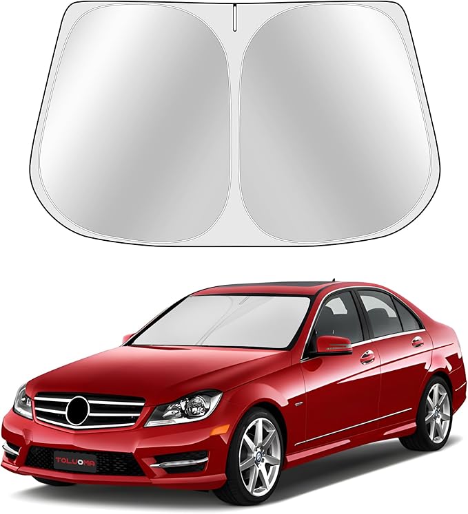 Toluoma Custom Fit Windshield Sun Shade for Benz C-Class 2008-2014 - Full Coverage, 210T Reflective Fabric, Double-Layer Design - Blocks 99% UV Rays, Keeps Car Cool, Easy to Install and Store