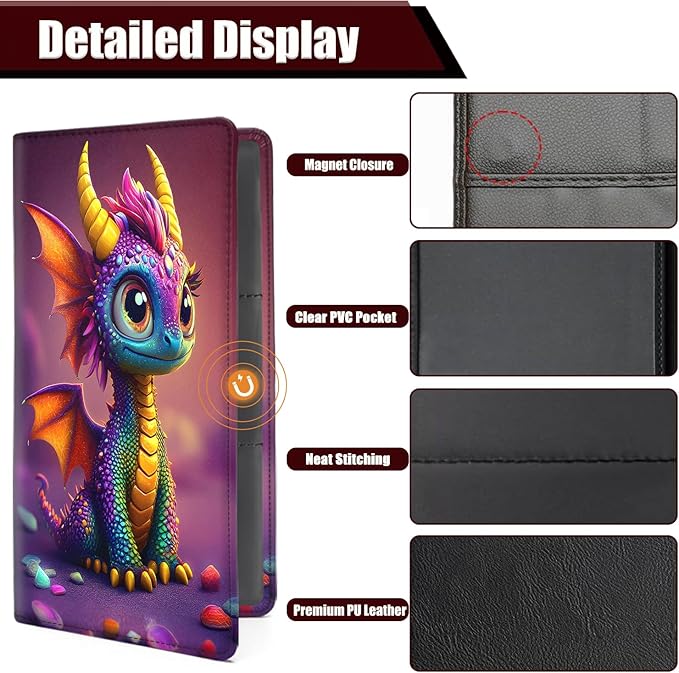 Car Document Holder with Magnetic Shut, Car Registration and Insurance Card Holder, Vehicle Glove Box Organizer Documents, Driver License, Auto Paperwork Organizer Wallet, Colorful Baby Dragon Pattern