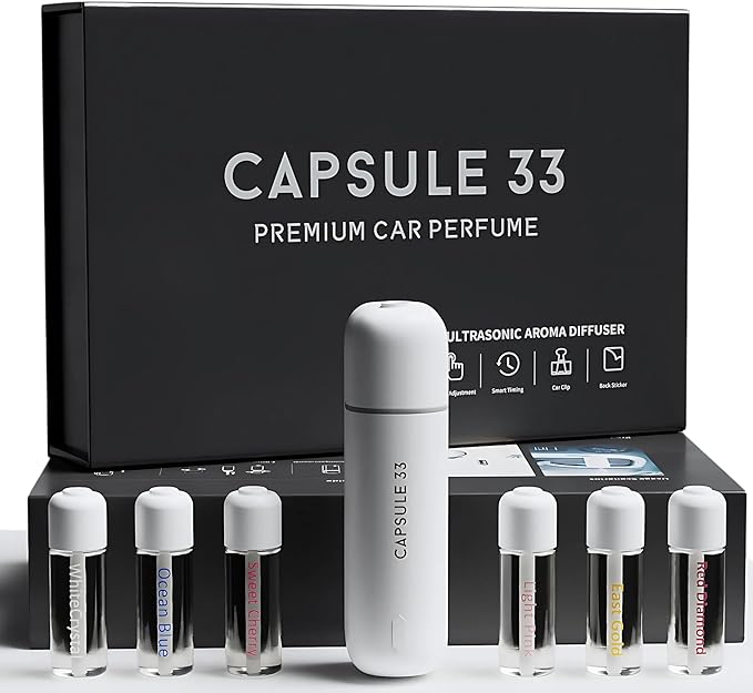 Capsule 33 Car Perfume Starter Pack, Car Air Freshener, Ultrasonic Aroma Diffuser, 6 Fragrances (White Crystal, Red Diamond, East Gold, Ocean Blue, Sweet Cherry, Light Pink) (Black)