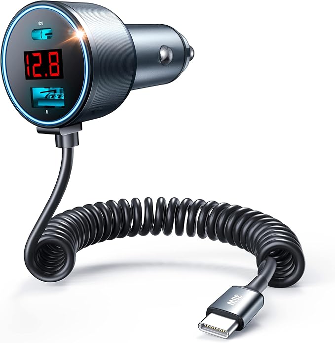 Car Charger USB C, 75W Metal 3-Port Super Fast Car Charger Adapter PD & QC3.0 Built-in 6ft Type C Coiled Cable for Samsung Galaxy S22/21 iPhone iPad Pro Pixel Android Phones