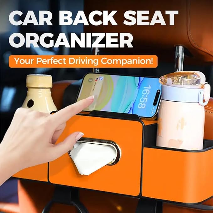 Multifunctional Car Organizers and Storage Box, 2026 New Backseat Car Organizer with Cup Holder, Tissue Box, Trash Bin & Hooks for Hold Phones, Snacks, Drinks, Handbags (Brown)