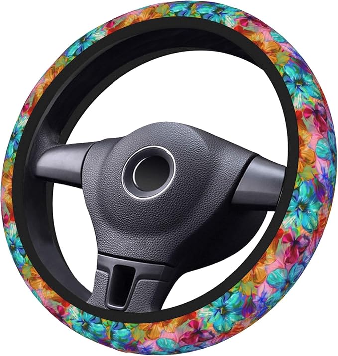 Blue Orange Flowers Steering Wheel Cover for Women Men Girls, Car Accessories Decor Thickened Anti-Slip Auto Steering Wheel Covers Protector Universal Fit 15 Inch for Cars, Truck, SUV