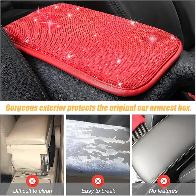 Moly Magnolia Bling Center Console Cover, Diamond Fashion ArmRest Pad, Crystal Soft Arm Rest Protective Cushion, Car Accessories for Women Girls, 11.8"×8.5" for Most of Vehicles, SUVs, Trucks (Red)
