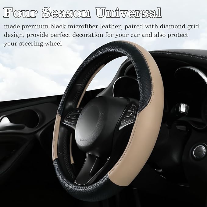 Black & Beige Car Steering Wheel Cover, Microfiber, Leather Patchwork, Universal 14.5-15 Inch Leather Anti-Slip Breathable Auto Steering Wheel Covers for Men Women