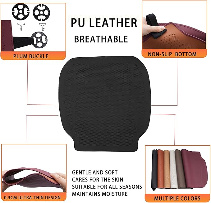 ontto 1 PC Front Seat Bottom Cushion Car Seat Cushion fits Most Vehicles,Cooling PU Leather Automotive Seat Cushion Protector for Driving,Anti-Slip Seat Pat Mat with Buckle Fixing,Black