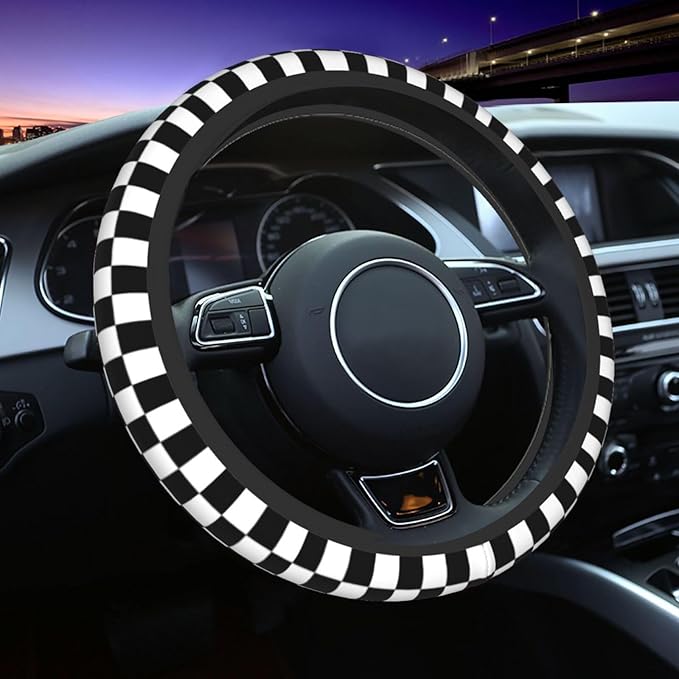 Black and White Race Checkered Steering Wheel Cover for Women Men Girls Car Accessories Decor Anti-Slip Neoprene Auto Steering Wheel Covers Protector Universal 15 Inch