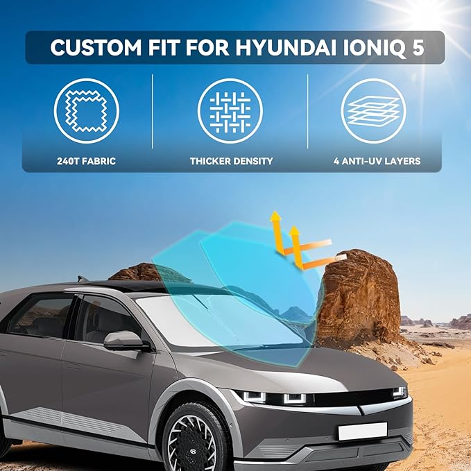 for Hyundai Ioniq 5 2022-2025 2026 Windshield Sun Shade - 4 Layers Car Sunshades for Front Windows Shade Cover Custom Fit Ioniq 5 Sun Visor 240T Retractable Shade Blocks UV Rays Car Accessories
