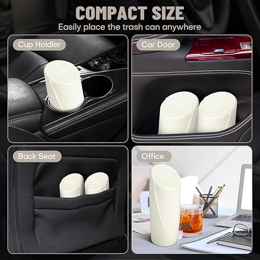SGLRT Car Trash Can Bin with Lid - Car Garbage Can Cup Holder - Light Beige Mini Leakproof Vehicle Garbage Bin with 40pcs Trash Bags-Automotive Organizers and Storage for Front Back Seat Accessories