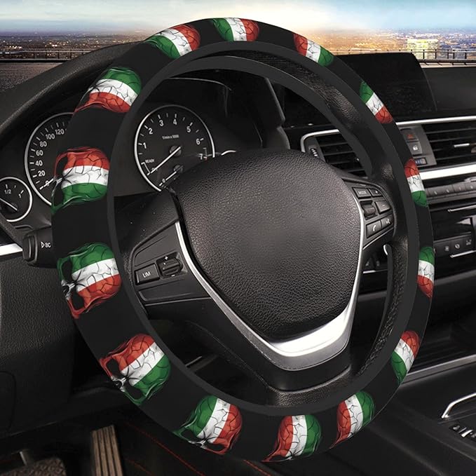 Dark Italian Flag Skull Art Car Steering Wheel Cover, 15 Inch Steering Wheel Cover Stylish Decor for Most Cars