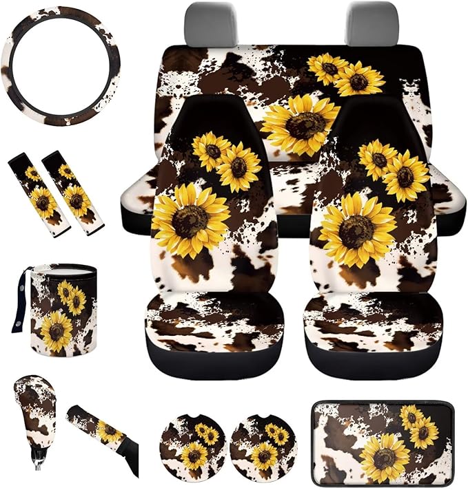 Dngkaoje Sunflower Car Seat Covers Set for Women 13 Pack Cute Cow Print Auto Interior Seat Protective Hanging Trash Bag,Seatbelt Shoulder Pads,Universal Steering Wheel Cover Sunflower Armrest Pad