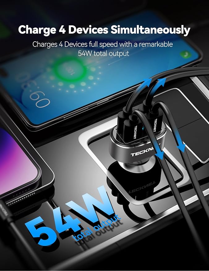 TECKNET USB Car Charger, 54W 4-Port Car USB Charger Multi Port Adapter, QC 3.0 Port Cigarette Lighter Charger, Fast Charging Adapter, Compatible with iPhone 15 Pro Max/15 Plus/15/14/13（Dark Black）