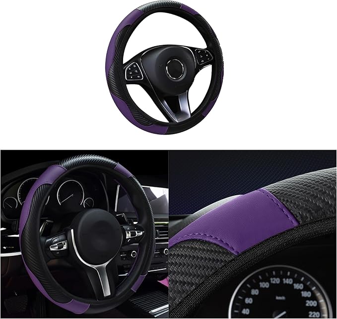 Car Steering Wheel Cover, 15 inch Carbon Fiber Microfiber PU Leather Elastic Steering Wheel Protector for Men Women,Universal Durable Car Decorative Fit for Most Cars, Trucks, SVU(Purple)