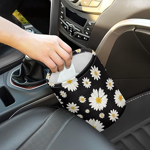 Brosoneto Cute Daisy Print Portable Car Garbage Bin Reusable Collapsible Hanging Portable Dustbin Bin Waste Basket Car Accessories Interior for Car SUV Trucks Universal