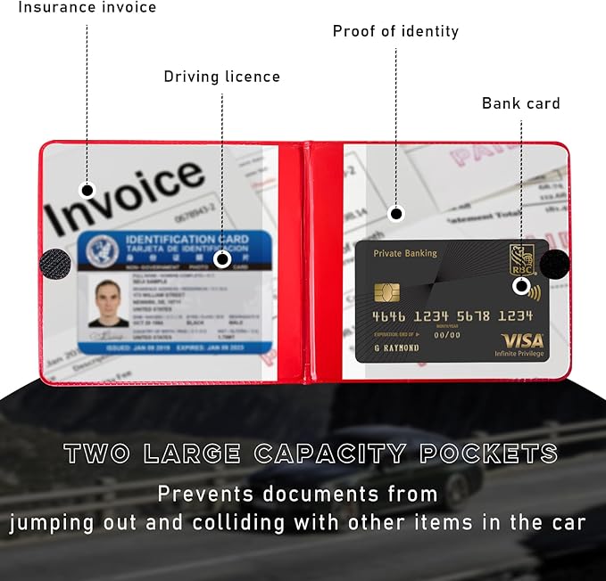 Ziciner Car Registration and Insurance Holder, 5.2"× 4.7" Premium Auto Glove Box Organizer with Closure, Essential Vehicle Document Holder for Card, Driver License (Red)