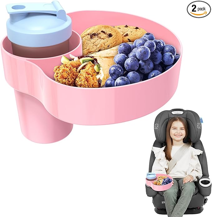 2PCS Resptasski Car Seat Cup Holder Snack Tray for Kids – Travel Tray for Car, Booster, Stroller, Outdoor Essentials Kit. Universal Adjustable Tray with Detachable Base for Snacks, Toys, Food (Pink)