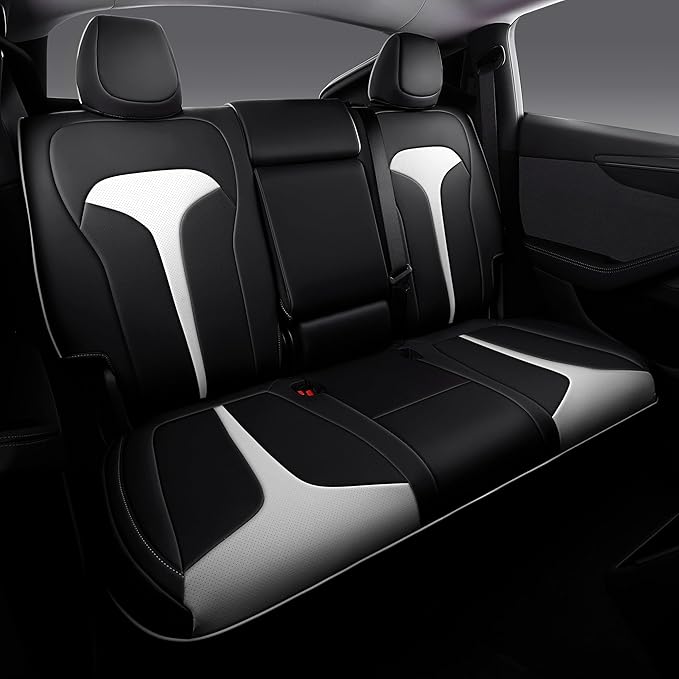 OURPLOT Custom Fit Seat Covers for 2025 2026 Tesla Model Y Juniper (5-Seater), Waterproof Breathable Nappa Leather, OEM Factory Style Full Set Car Seat Protectors Airbag Compatible - Black+White