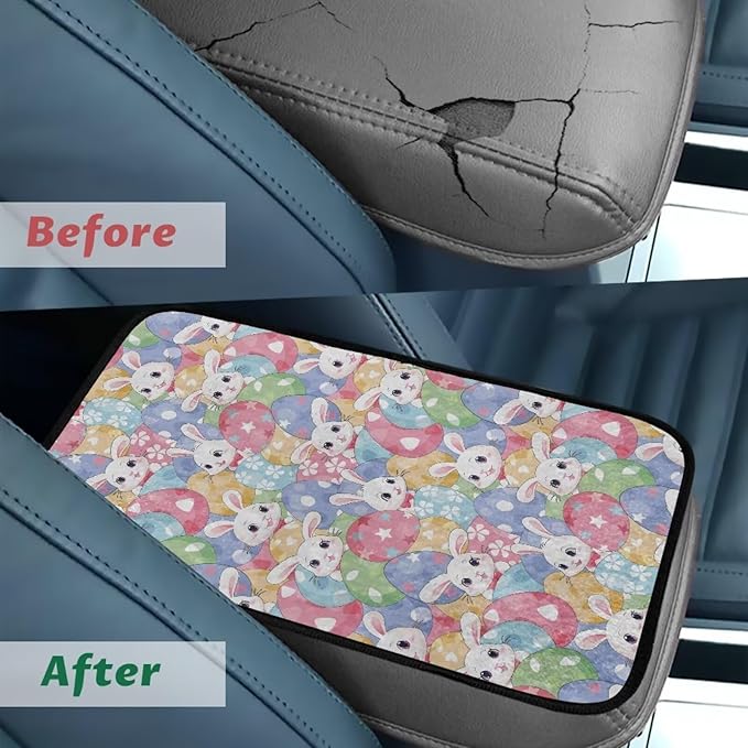 Bulopur Cute Easter Bunny Center Console Cover Easy to Install Car Armrest Cushion Flannel Protector Protect from Pet Claws Thickened Universal Fit for Vehicles,Cars,Suvs,Vans,Sedans