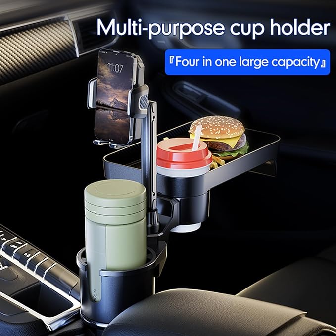 Cup Holder Tray for Car, Upgrade 4 in 1 Adjustable Detachable Car Food Table Tray with Solid Base & Phone Slot,Car Cup Holder Expander with 360°Rotation Tray for Travel Road Essential S