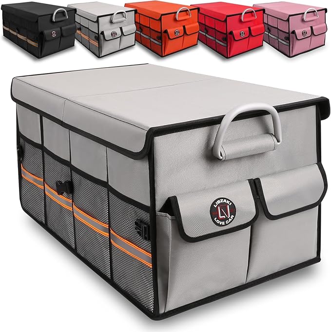 LI LIBZAKI Car Trunk Organizer, Cargo Organizer SUV Trunk Storage Non Slip Bottom Waterproof Collapsible Durable Multi Compartments-(Standard,Gray)