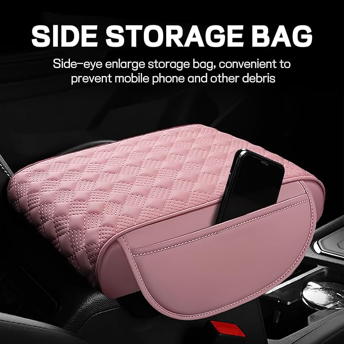 Hbxdeco Car Armrest Cushion, 12.2"×8.3" Leather Auto Memory Foam Center Console Pad with Storage Pocket, Waterproof & Anti-Scratch Elbow Pillow Armrest Seat Box Protector, Universal Fit (Pink)