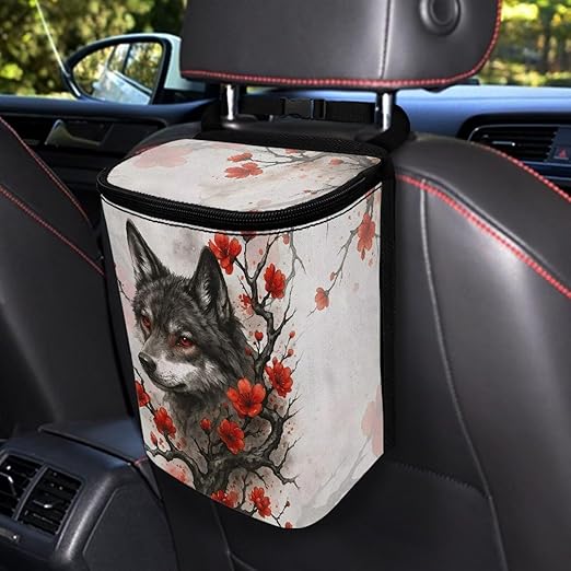 Talayituse Wolf Cherry Blossom Print Car Trash Can with Lid, Leak Proof Auto Trash Bag Hanging Vehicle Garbage Can Multipurpose Storage Container for Back Seat Road Trip