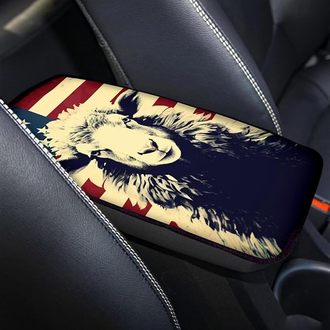 Car Center Console Pad, Universal Waterproof Car Armrest Seat Box Cover, Car Interior Accessories for Most Vehicle SUV Truck Vintage American Flag Sheep Car Armrest Pad