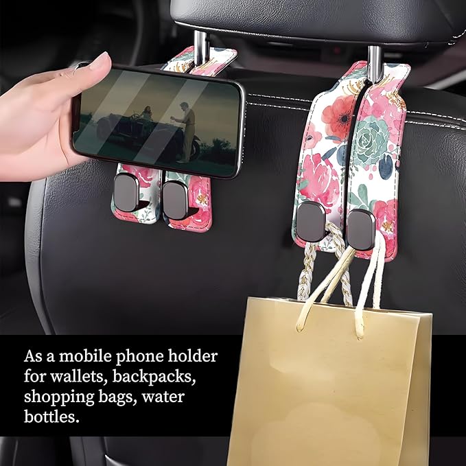 NUGGHU Car Seat Headrest Hook, Universal Leather Cute Hanger Holder Hook, Storage Organizer Interior Accessories for Purse Bags Handbag Cute Pink Flowers
