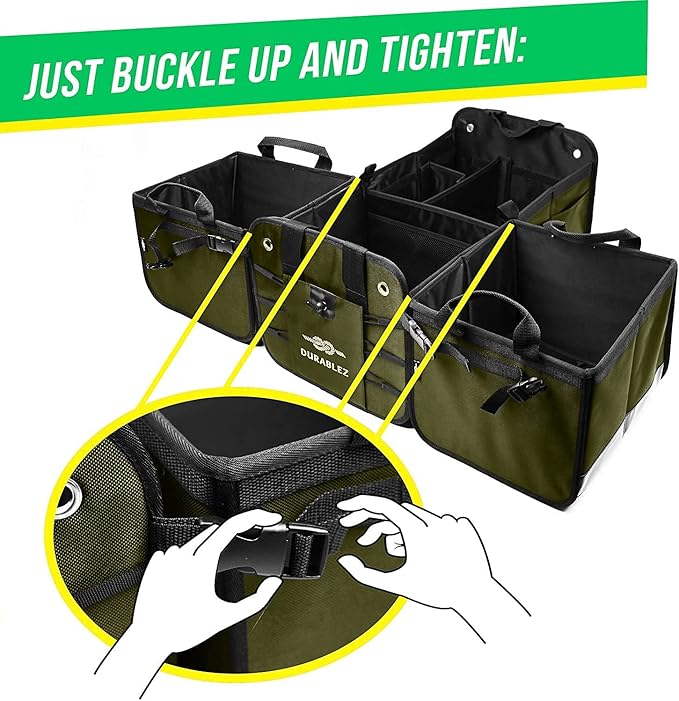 DURABLEZ 4-Section Extra Large Trunk Organizer – Heavy Duty 1680D, Collapsible & Foldable Cargo Organizer, Modular Multi-Shape Storage System for SUVs, Trucks, Vans – Green