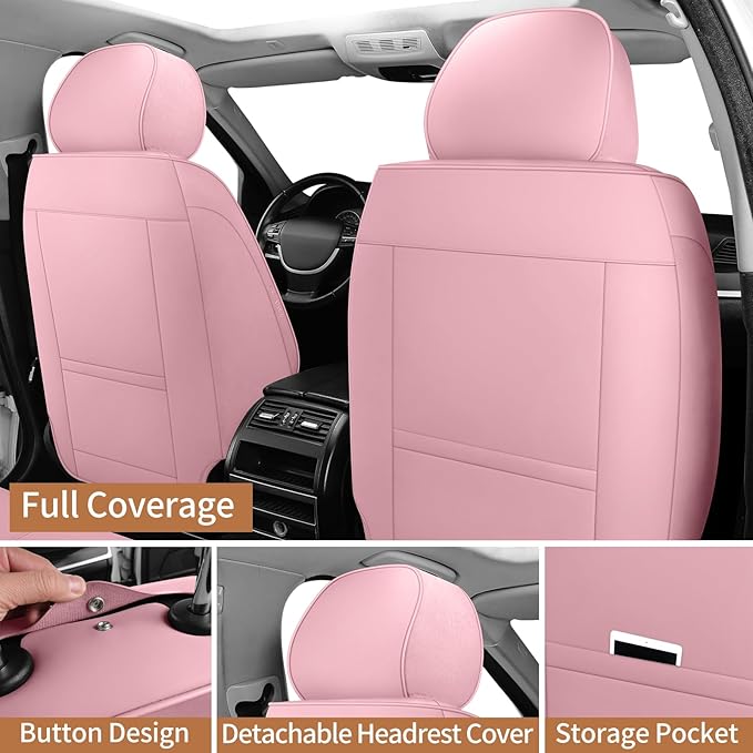 SCOMEE Pink Leather Car Seat Covers Full Set Breathable Seat Protectors Waterproof Automotive Seat Covers Universal Fit for Most Cars SUVs Trucks Vehicles