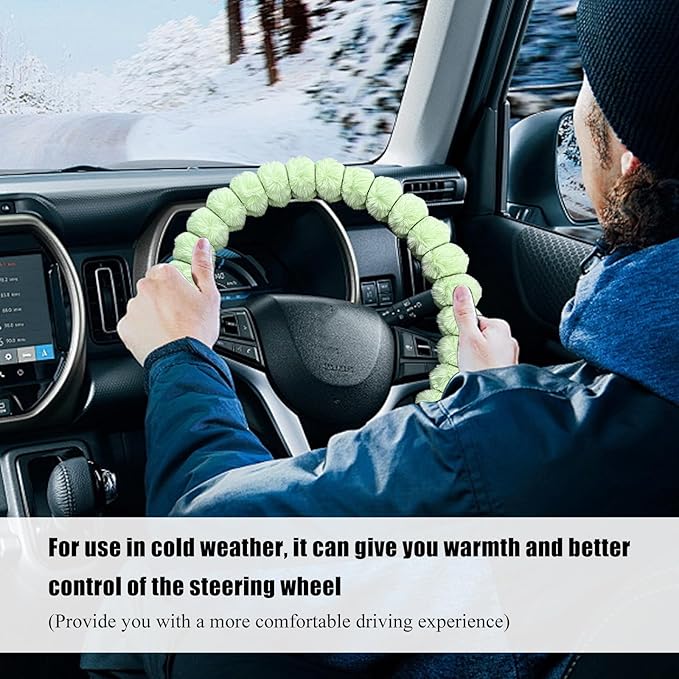 Fluffy Car Steering Wheel Cover, 14.5-15 Inches Anti-Slip Plush Fuzzy Steering Wheel Protector, Soft Warm Steering Wheel Cover Interior Decor for Women Girl, Car Accessories (Green)